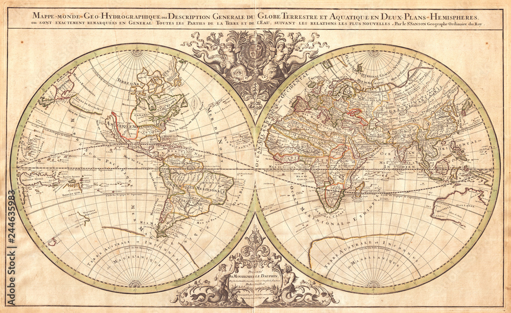 Obraz 1691, Sanson Map of the World na półkuli projekcyjnej
