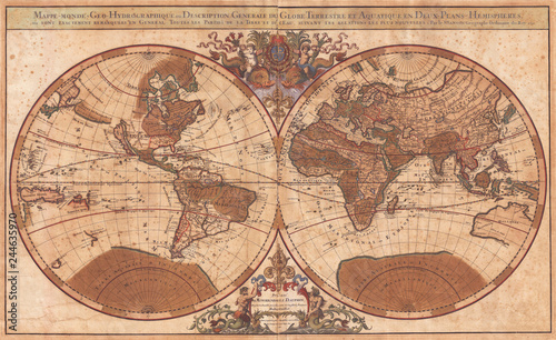 1691  Sanson Map of the World on Hemisphere Projection