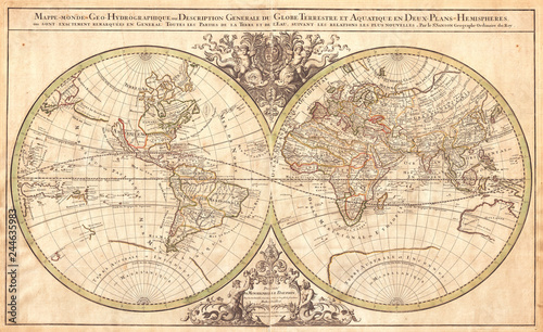 1691  Sanson Map of the World on Hemisphere Projection