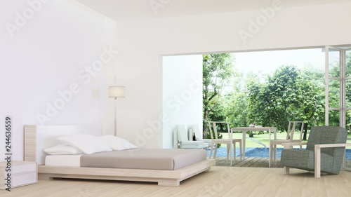 The interior minimal hotel bedroom space 3d rendering and nature view background 