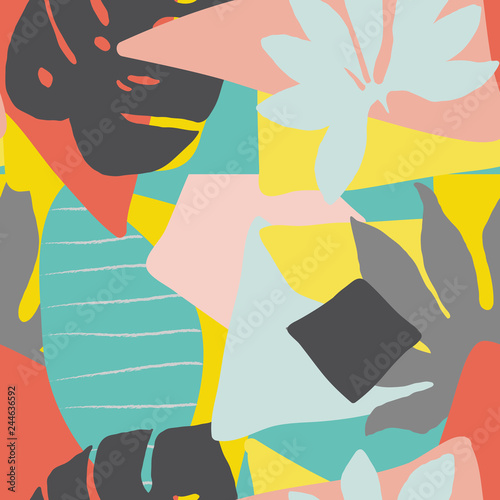 Contemporary floral seamless pattern. Modern exotic jungle fruits and plants illustration in vector