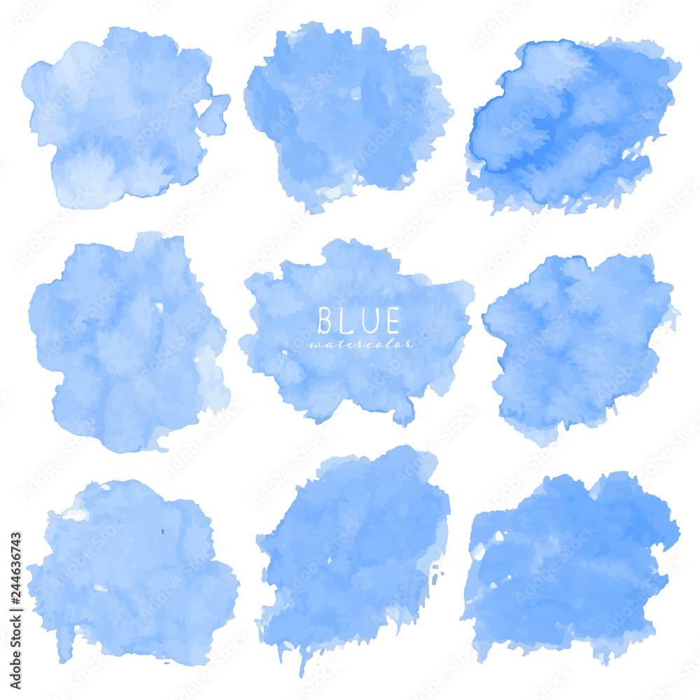 Set of blue watercolor on white background, Brush stroke watercolor, Vector illustration.