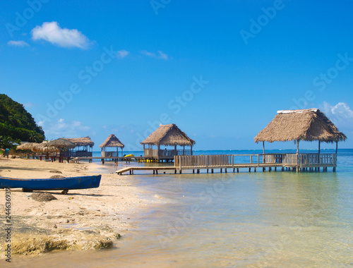 beach with a dugout canoe and palapas in the background