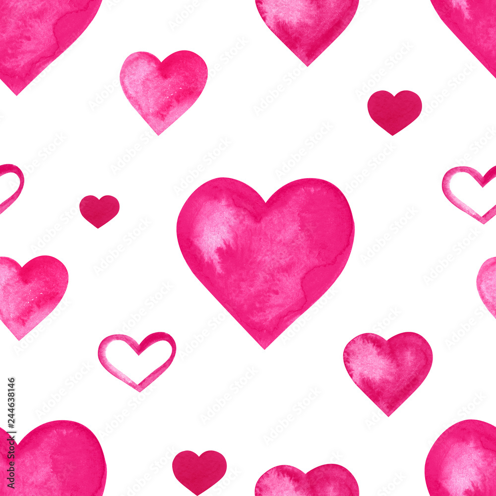 Watercolor hearts seamless background. Pink watercolor heart pattern. Colorful watercolor romantic texture.