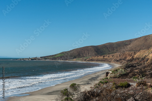 Panoramic Nicholas Canyon Beach vista in the aftermath of the Woolsey Fires, Malibu, California