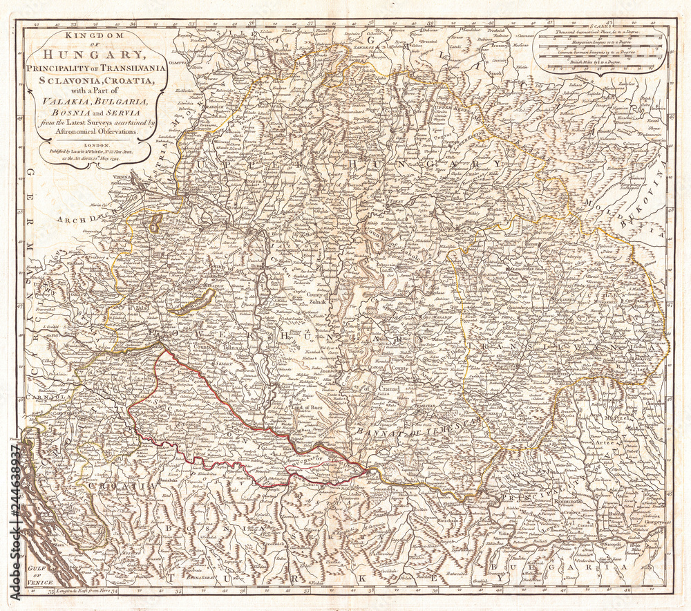 Obraz premium 1794, Laurie and Whittle Map of Hungary and Transylvania, 1794 - 1812