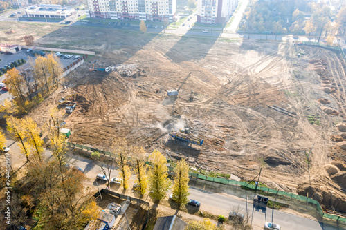 aerial top view of site being prepared for construction of new residential area