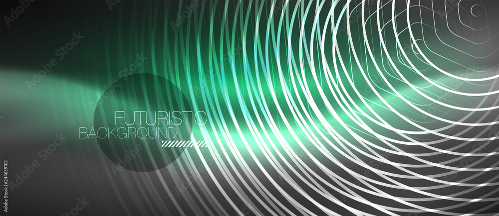 Black and glowing color lines neon design, magin techno template background