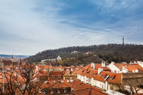 Petrin hill and the beautiful Prague city old town seen form the Prague Castle viewpoint in an early spring day
