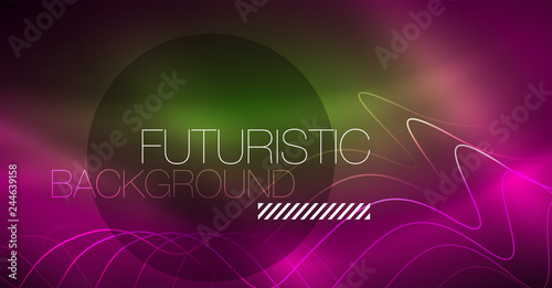 Abstract shiny glowinng color wave design element on dark background - science or technology concept