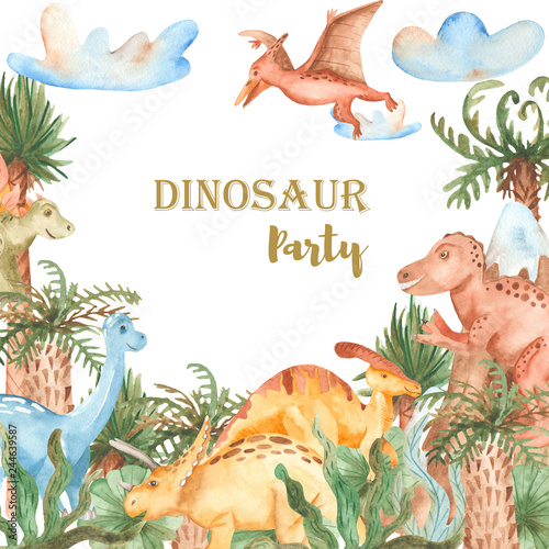 Obraz Akwarele karta z uroczych dinozaurów. Ilustracja z prehistorycznymi postaciami, roślinami, palmami do projektowania dla dzieci, kartami, zaproszeniami, chrzciny.