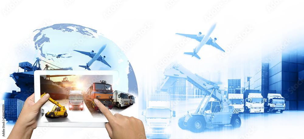 Hand holding tablet is pressing button on touch screen interface in front Logistics Industrial Container Cargo freight ship for Concept of fast or instant shipping, Online goods orders worldwide