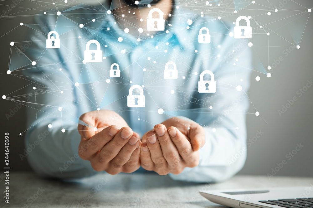 Naklejka premium man hand lock in screen