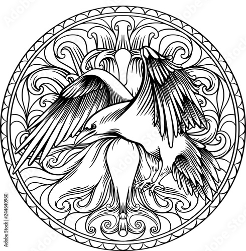 Line art illustration of angel wings with a heart and a raven. Vintage print. Sketch for tattoo, hipster t-shirt design, vintage style posters. Coloring book for kids and adults.