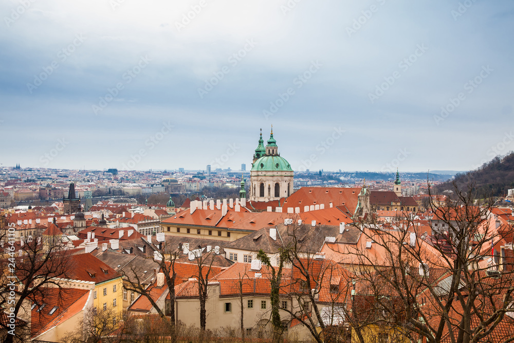 The beautiful Prague city old town seen form the Prague Castle viewpoint in an early spring day