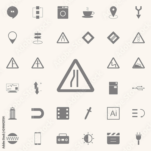Warning traffic sign, Road narrows on left icon. web icons universal set for web and mobile