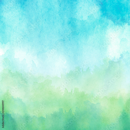 Watercolor blue, green background, blot, blob, splash of blue, green paint. Watercolor blue, green sky, spot, abstraction. Wild grass, bushes, country abstract landscape. Watercolor card, banner.