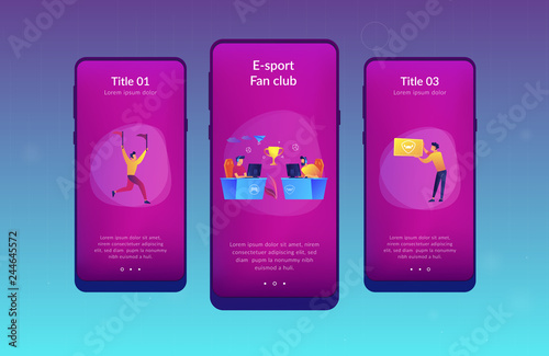 Two cyber sport players at computers competing for a trophy and fans cheering with flags. E-sport fans, computer game fan, e-sport fan club concept. Mobile UI UX GUI template, app interface wireframe
