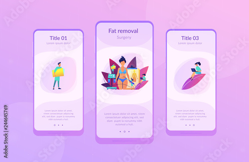 Plastic surgeon with a suction tube doing liposuction of woman marked body parts. Liposuction, lipo procedure, fat removal surgery concept. Mobile UI UX GUI template, app interface wireframe