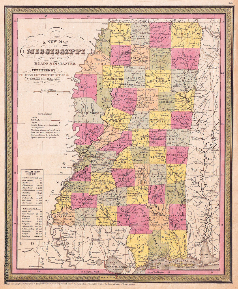 1853, Mitchell Map of Mississippi