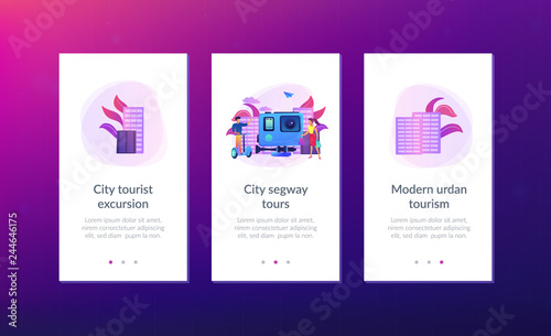 Businessman riding segway on the city tour, shopper and action camera. City segway tours, modern urban tourism, city tourist excursion concept. Mobile UI UX GUI template, app interface wireframe