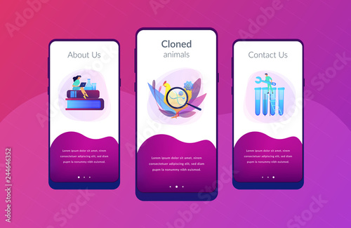 Scientists working with huge DNA of a chicken. Genetically modified animals, genetically modified animal experiments concept on white background. Mobile UI UX GUI template, app interface wireframe