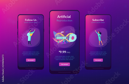 Scientists fertilize huge cell with syringe. Artificial reproduction, in vitro fertilization, artificial propagation concept on white background. Mobile UI UX GUI template, app interface wireframe