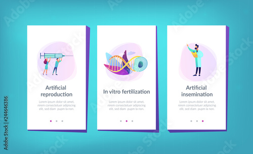 Scientists fertilize huge cell with syringe. Artificial reproduction, in vitro fertilization, artificial propagation concept on white background. Mobile UI UX GUI template, app interface wireframe