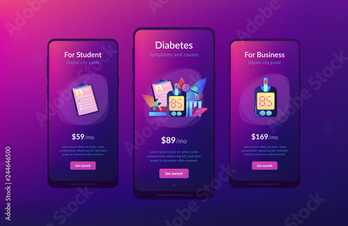Doctor with magnifier and blood glucose testing meter. Diabetes mellitus, type 2 diabetes and insulin production concept on white background. Mobile UI UX GUI template, app interface wireframe