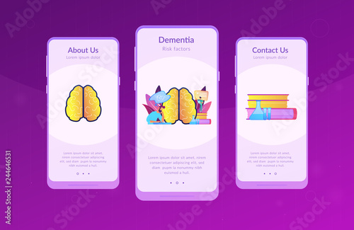 Patient with thought bubble and doctor examining brain. Alzheimer disease and dementia, dotage and memory loss concept on white background. Mobile UI UX GUI template, app interface wireframe
