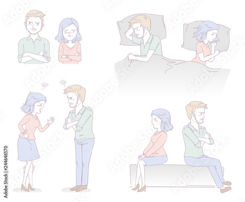 Quarrel Angry couple set. Woman Man Brawl. The couple are quarreling. Side view. pairs of people during conflict or disagreement. brawling, bickering, shouting at each other. Hand drawn doodle