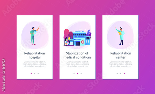 Therapist working with patient at rehabilitation center. Rehabilitation center, rehabilitation hospital, stabilization of medical conditions concept. Mobile UI UX GUI template, app interface wireframe