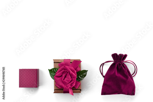 Festive gift packaging pink ribbon box white background Concept Valentine's day, women's day