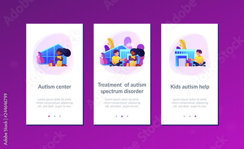 Children play in center giving information about treatment of ASD. Autism center, treatment of autism spectrum disorder, kids autism help concept. Mobile UI UX GUI template, app interface wireframe