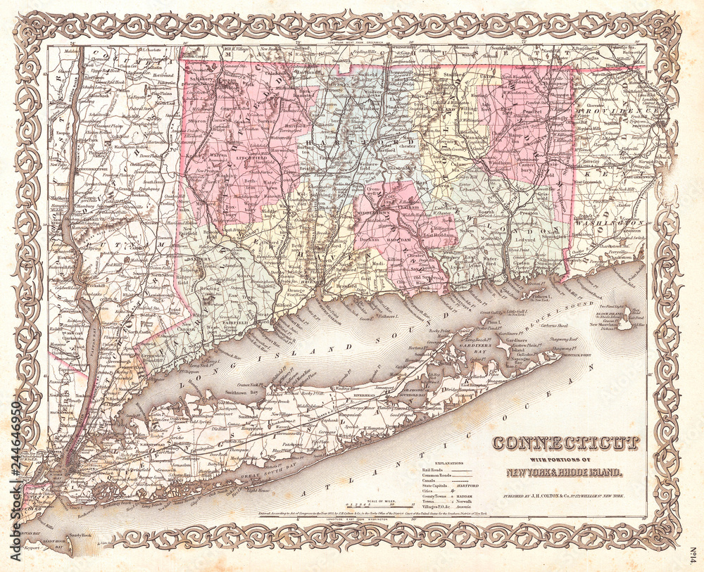 1855, Colton Map of Connecticut and Long Island