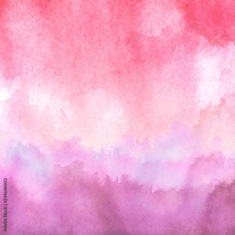 Watercolor red, purple, pink  background, blot, blob, splash of purple, pink  paint. Watercolor spot, abstraction. Abstract art illustration, scenic. Silhouette of grass, wild plants, bushes. Dawn.