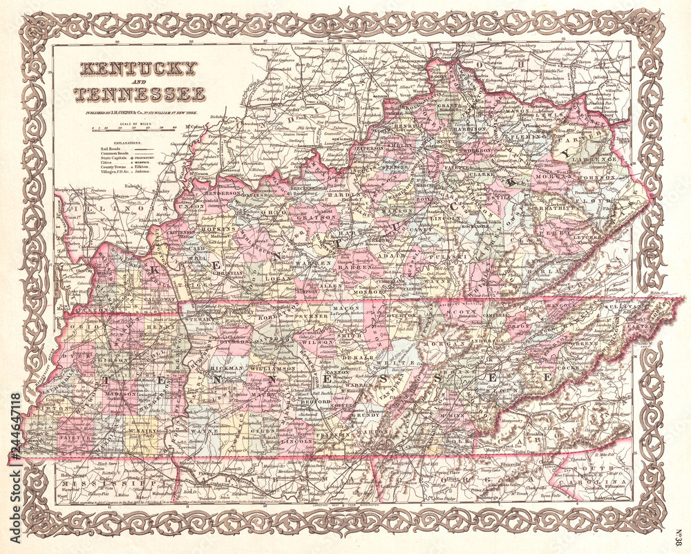 1855, Colton Map of Kentucky and Tennessee