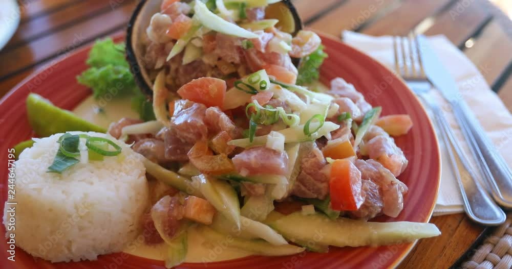 Tahiti local food. Typical raw fish dish called Poisson Cru, aka Ota