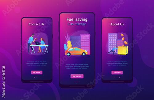 People losing money by using gas fuel cars. Fuel saving and gas mileage landing page. Fuel economy and efficient green eco friendly engine technology. Mobile UI UX GUI template, app interface.