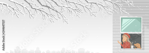 Winter season of city buildings in snow-capped scenery. Girl hands out of the window. Woman and pet her relaxes by winter view with a cup of hot drink. Winter and Christmas holidays concept. vector