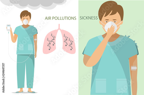 vector a man wearing a mask for protect dust and clothes for shirt patients with hand hold saline and iv tube intravenous