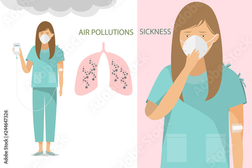 vector a woman wearing a mask for protect dust and clothes for shirt patients with hand hold saline and iv tube intravenous