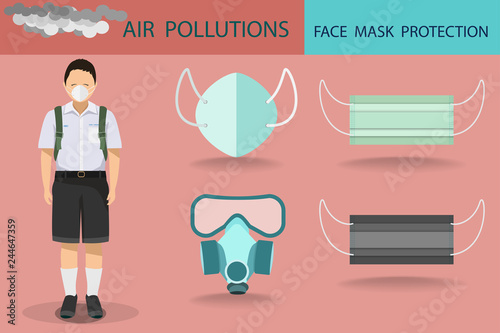 vector of young boy wearing thai elementary school uniform and wearing mask protection design with face mask collection in air pollutions concept