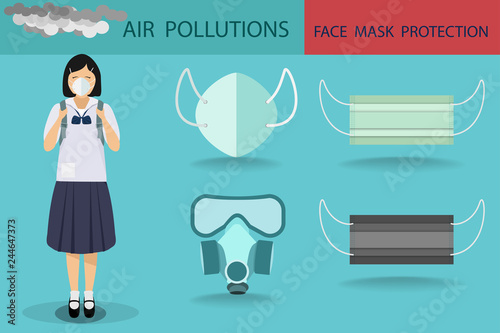 vector of young girl wearing thai junior school uniform and wearing mask protection design with face mask collection in air pollutions concept