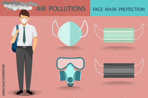 vector of young man wearing university uniform and wearing mask protection design with face mask collection in air pollutions concept