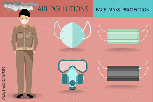 vector of man wearing teacher official uniform and wearing mask protection design with face mask collection in air pollutions concept