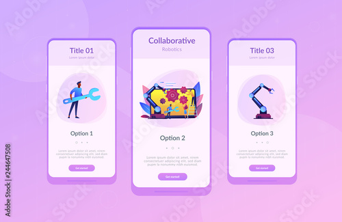 Humans and cobot robotic arm collaborate at laptop fixing gears. Collaborative robotics, cobot automatization, safe industry solutions concept. Mobile UI UX GUI template, app interface wireframe