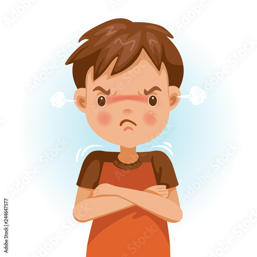 Angry boy. child in a red shirt is expressing anger. Excitement and frown. Cartoon characters, vector illustrations, isolated on white background.