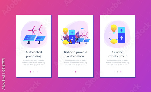 Scientists with lemon charging, solar pannels, wind turbines. Innovative battery technology, new battery creation, battery science project concept. Mobile UI UX GUI template, app interface wireframe