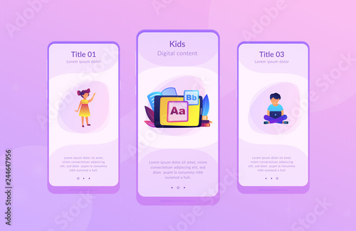 Children at tablet and with laptop using kids friendly alphabet application. Kids digital content, kids friendly media, children apps concept. Mobile UI UX GUI template, app interface wireframe